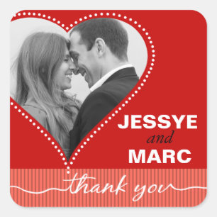 Dotted Heart Photo Thank You red coral Square Sticker