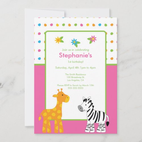Dotted Jungle Animals  Birthday Party Invitation