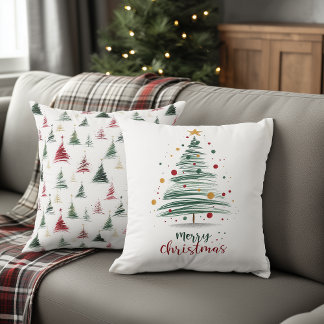 Dotted Minimalist Brushstroke Christmas Tree Throw Pillow