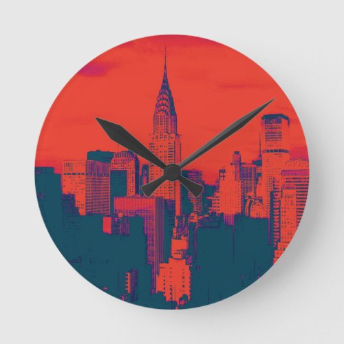 Dotted Red Retro Style Pop Art New York City Round Clock