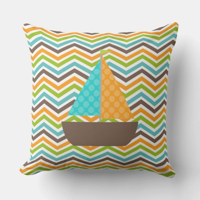 Dotted Sailboat on Chevron Stripe Outdoor Pillow (Front)