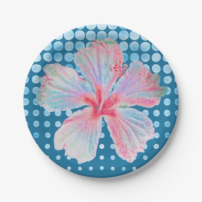 Dotted Teal Blue with Hibiscus Paper Plates (Front)