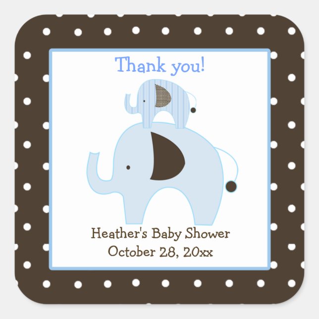 Dottie Elephant (Blue) Square Favor Stickers (Front)