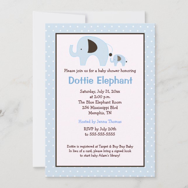 Dottie Elephant (Light Blue) Baby Shower Invite (Front)