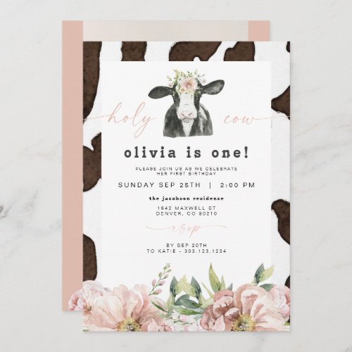 DOTTIE Holy Cow Cute Floral Farm 1st Birthday  Invitation