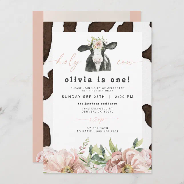 DOTTIE Holy Cow Cute Floral Farm 1st Birthday Invitation | Zazzle