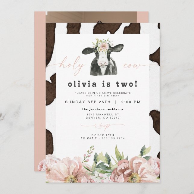 DOTTIE Holy Cow Cute Floral Farm 2nd Birthday Invitation (Front/Back)