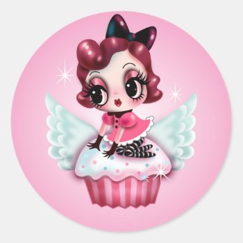 Dottie Rides A Flying Cupcake! Classic Round Sticker by FluffShop at Zazzle