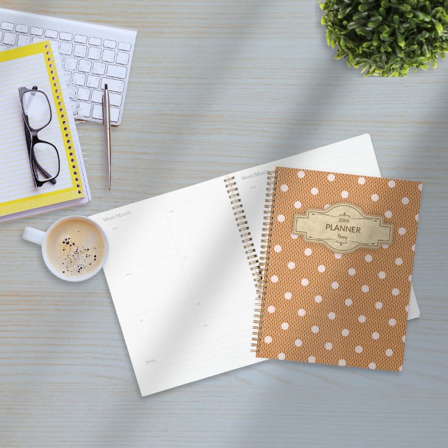 Dotty Delight Orange Planner (Dotty Delight Orange Planner on the desk. )