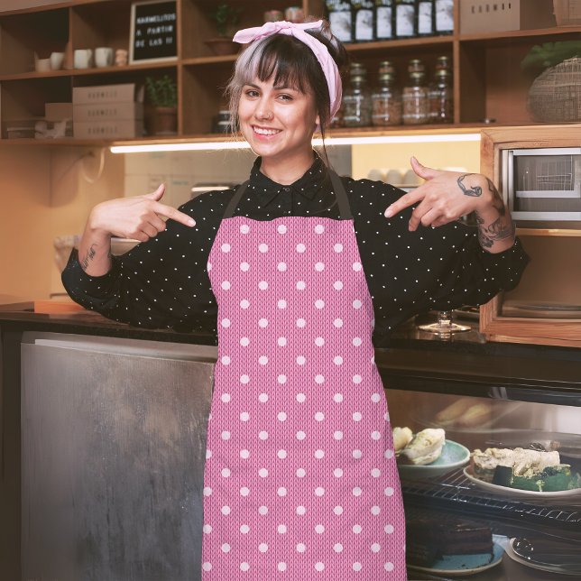 Dotty Delight Pink Apron (A woman in a Dotty Delight Pink apron is standing in the cafe. )