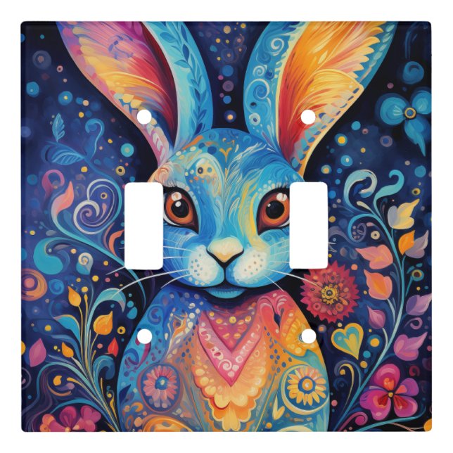 Dotty Delight: Rainbow Doodle Bunny Light Switch Cover (Front)