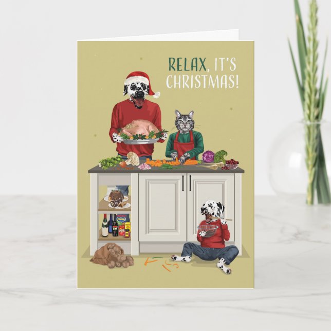 Dotty Dog  and Kitty Cooking Christmas Dinner Holiday Card (Front)
