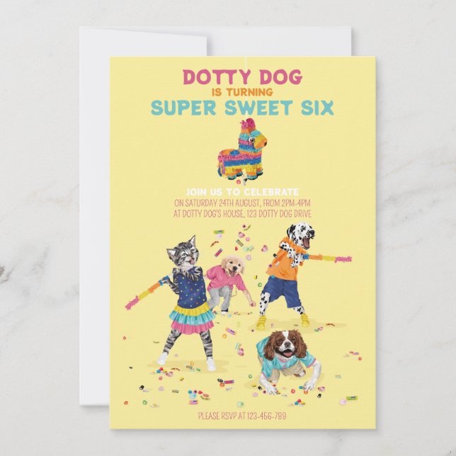 Dotty Dog Piñata Super Sweet Six Birthday Party Invitation (Front)