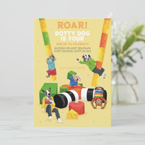 Dotty Dog Roar Soft Play 4th Birthday Party Invitation