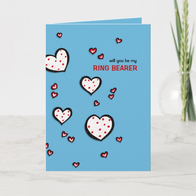 Dotty Hearts turquoise Be My Ring Bearer Card (Front)