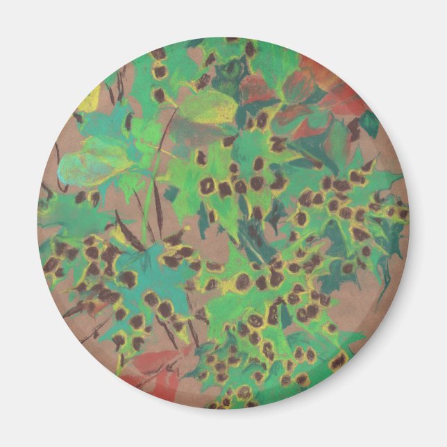 Dotty leaves, autumn floral, green, yellow & brown magnet (Front)
