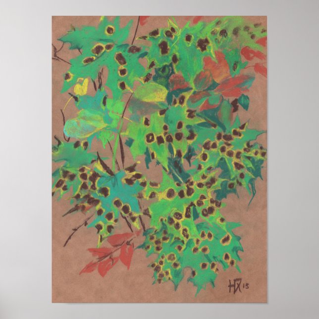 Dotty leaves, autumn floral, green, yellow & brown poster (Front)