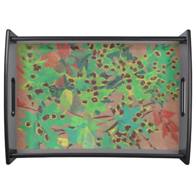 Dotty leaves, autumn floral, green, yellow & brown serving tray (Front)