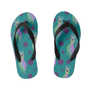 Dotty Llama on Teal Kid's Flip Flops