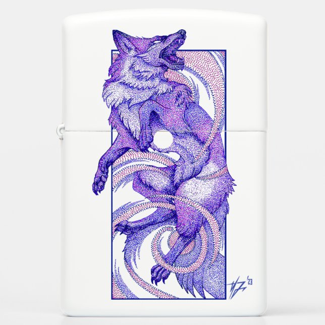 Dotwork Kitsune Zippo Lighter (Front)
