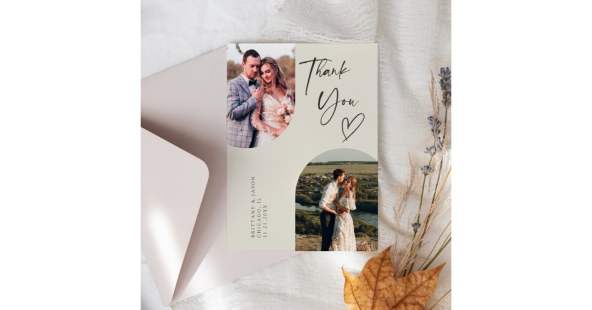Double Arch Cream Wedding Photo Thank You Card | Zazzle