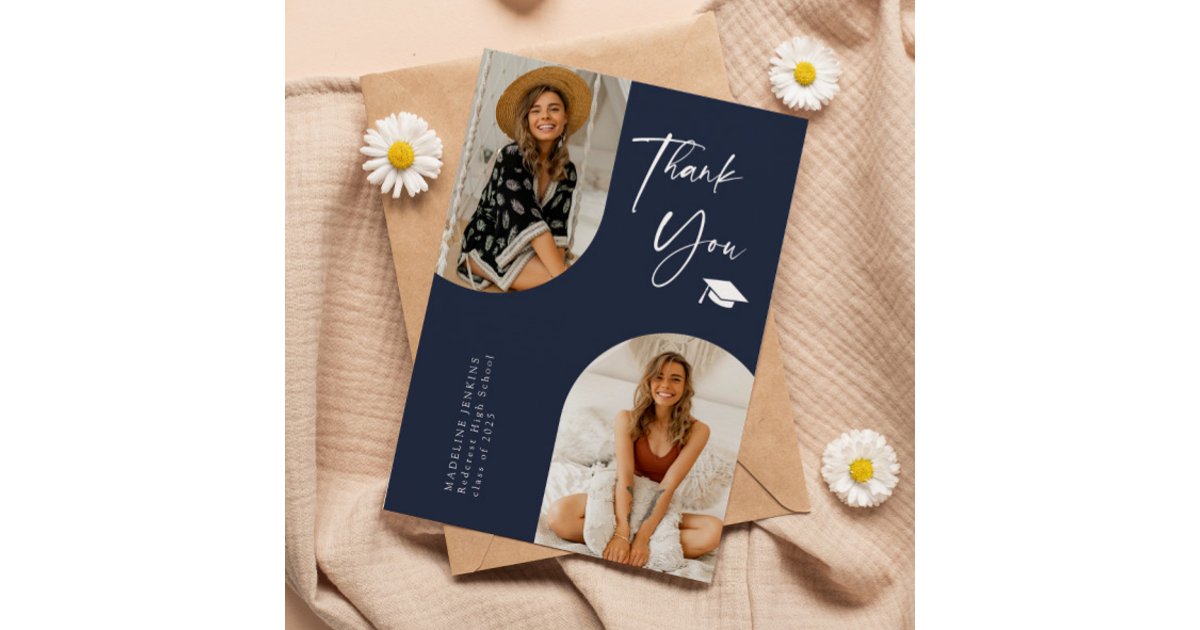 Double Arch Navy Blue Graduation Photo Thank You Card | Zazzle