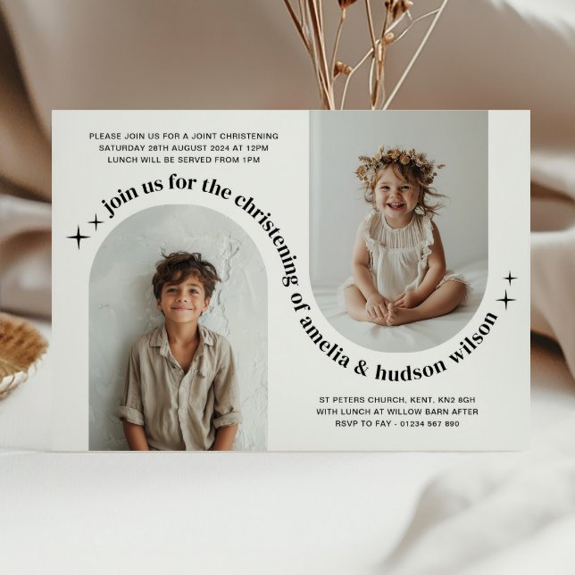 Double Arch Photo Joint Christening Invitation (Creator Uploaded)