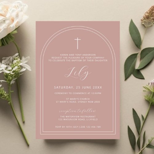 Double arch simple cross pink christening baptism invitation