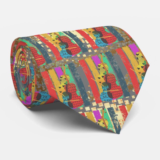 Double Bass And Music Notes Neck Tie (Rolled)