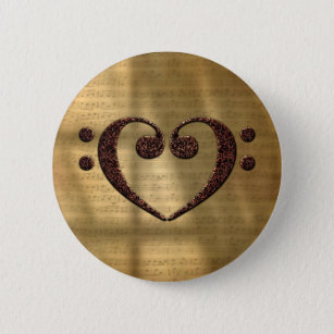 Double Bass Clef Heart Vintage Gold Sheet Music Button