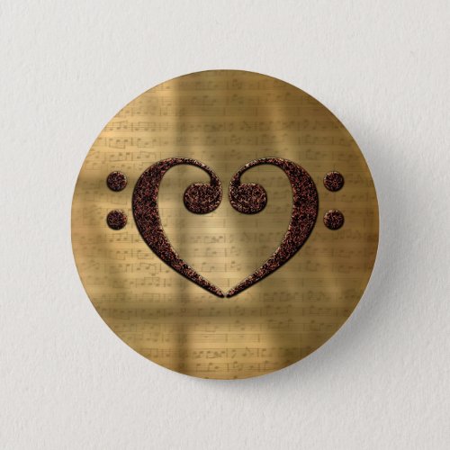 Copper Double Bass Clef Heart Over Gold Sheet Music Round Button