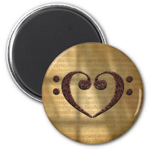 Copper Double Bass Clef Heart Over Gold Sheet Music Round Magnet