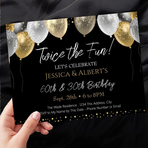 Double Birthday Black and Gold Balloons Invitation