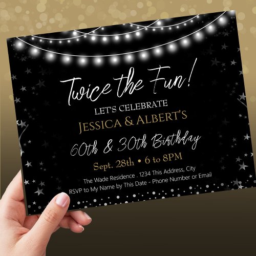 Double Birthday Black and Silver Lights Invitation
