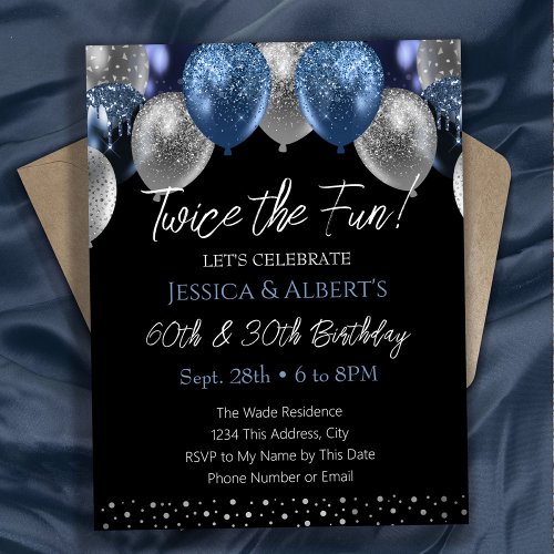 Double Birthday Blue and Silver Balloon Invitation