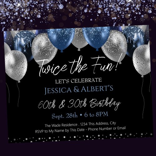 Double Birthday Blue and Silver Balloon Invitation