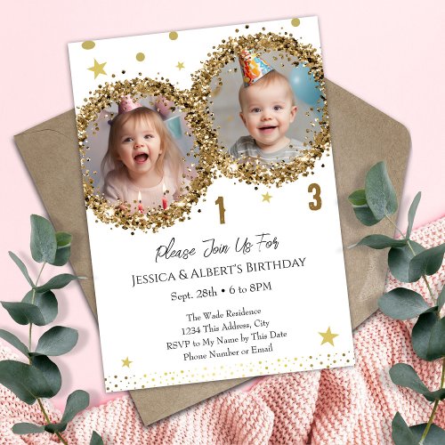 Double Birthday Gold Glitter Kids Photo Invitation