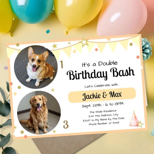 Double Birthday Kids Photo Confetti and Bunting Invitation
