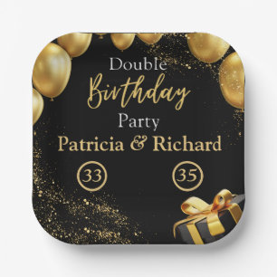 Double Birthday Party Black and Gold Elegant Paper Plates