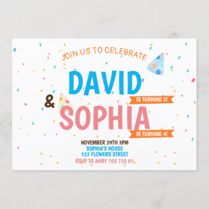 Double Birthday Party Joint Siblings Boy & Girl Invitation