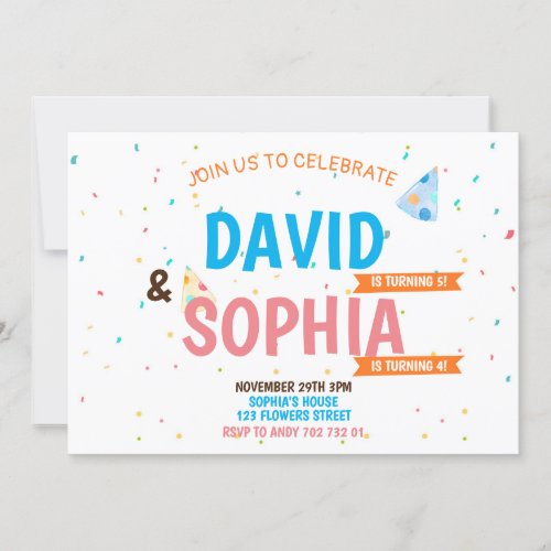 Double Birthday Party Joint Siblings Boy  Girl Invitation