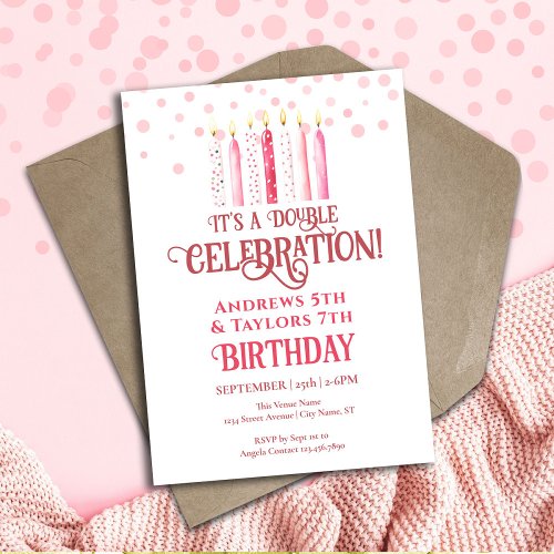 Double Birthday Party Kids Pink Candles Invitation