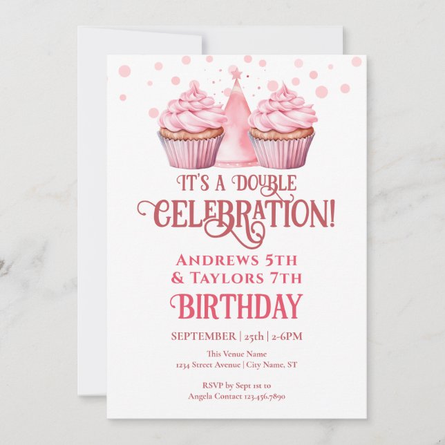 Double Birthday Party Kids Pink Cupcakes Invitation (Front)