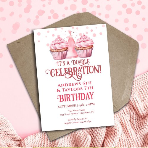 Double Birthday Party Kids Pink Cupcakes Invitation