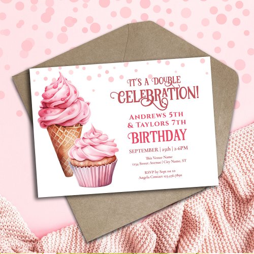 Double Birthday Party Kids Pink Ice cream Invitation