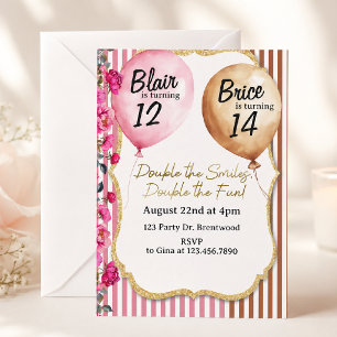 Double Birthday Party   Sibling Joint Birthday Invitation