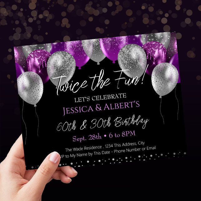 Double Birthday Purple and Silver Balloon Invitation (Creator Uploaded)