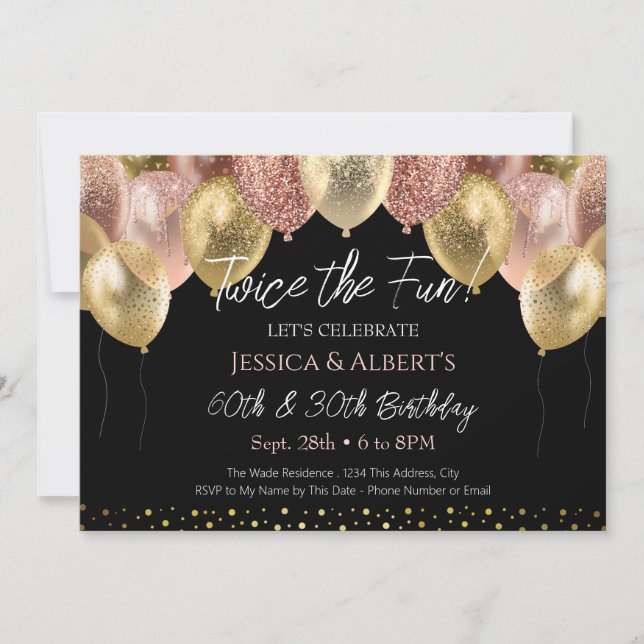Double Birthday Rose Gold and Gold Balloons Invitation (Front)