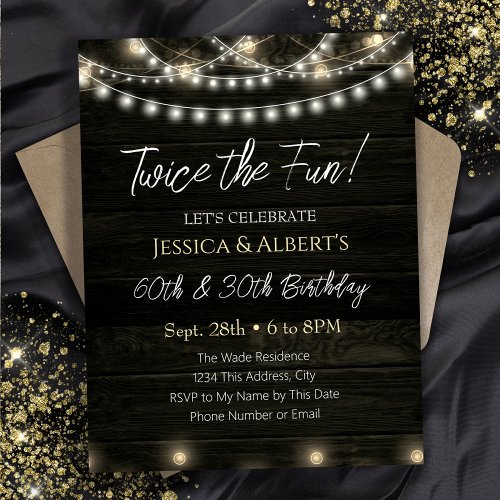 Double Birthday String Light Wood Invitation