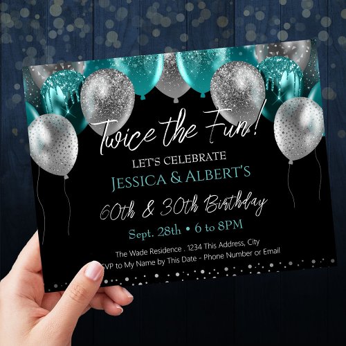 Double Birthday Teal and Silver Balloon Invitation